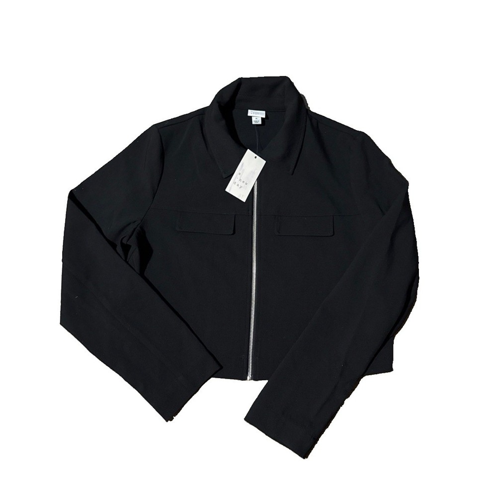 A New Day Women's Black Zip Front Short Jacket M w/ Pockets Long Sleeve